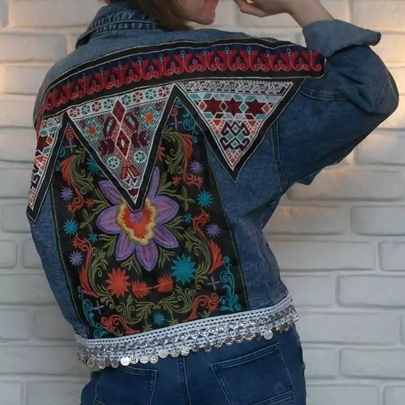 Boho floral embroidered tribal denim jean jacket - Picture 4 of 5